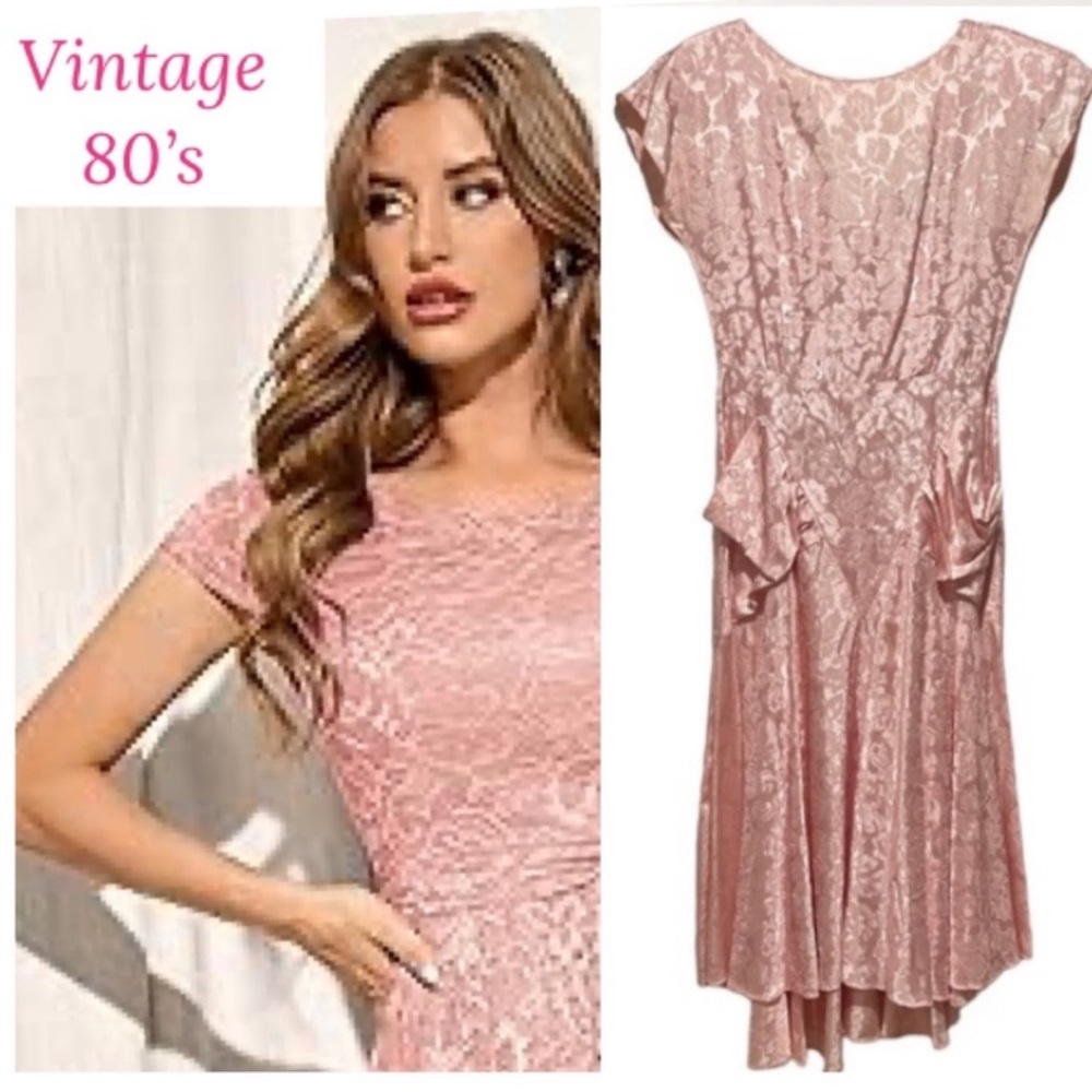 Vintage 80’s Silk Dress Rose Pink Damask Brocade Floral Peplum Pencil Size Small